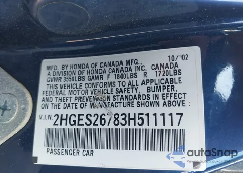 2003 Honda Civic Ex z USA, uszkodzony, nr VIN 2HGES26783H511117